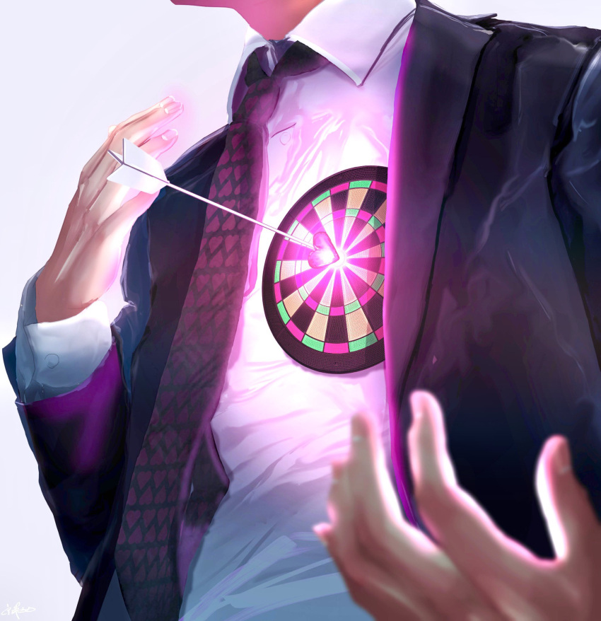 1boy arrow_(projectile) black_jacket blurry blurry_foreground collared_shirt commentary_request dartboard head_out_of_frame heart heart_print highres jacket long_sleeves male_focus necktie original print_necktie shirt simple_background solo utsusemi_rari white_shirt