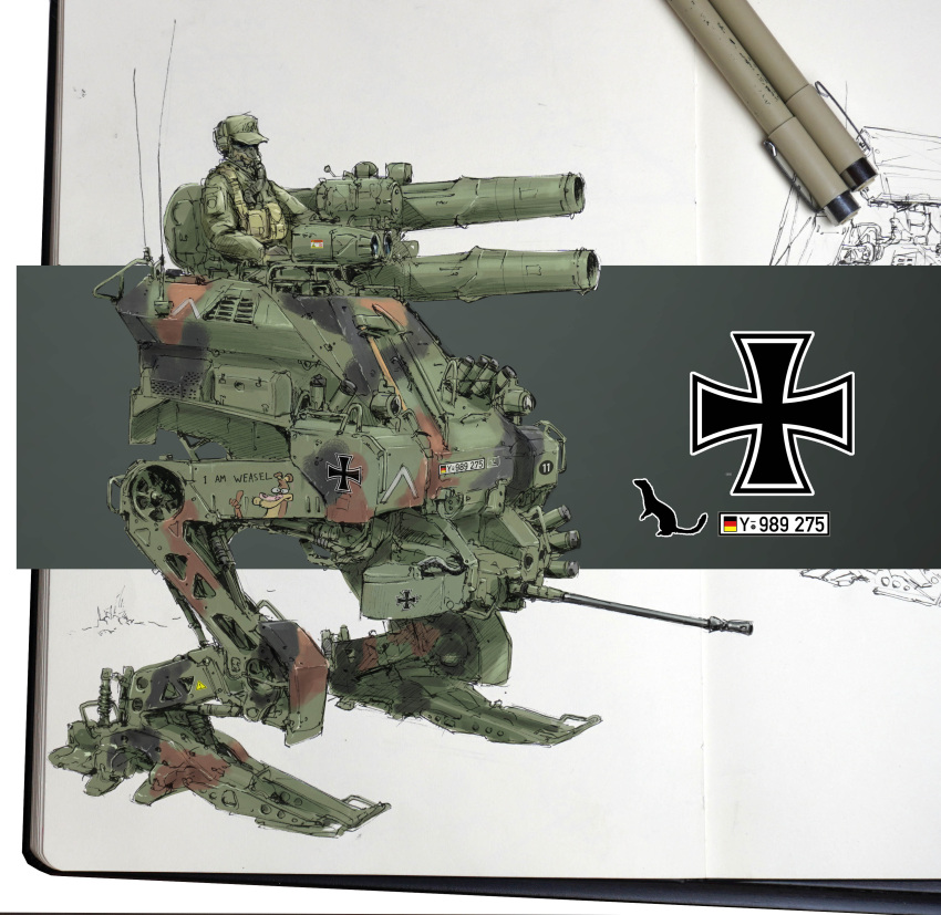 1boy absurdres army bundeswehr camouflage cannon concept_art cross german_commentary german_flag gun hat highres iron_cross machine_gun machinery mecha military military_uniform original patso_catso radio_antenna robot science_fiction sketch soldier uniform walker weapon