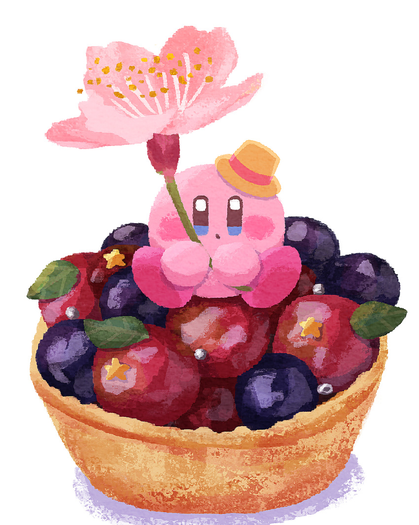 blue_eyes blueberry blush_stickers cherry_blossoms cranberry flower food food_focus fruit fruit_tart hat highres holding holding_flower kirby kirby_(series) leaf looking_at_viewer miclot mini_hat no_humans open_mouth pink_flower simple_background sweets tart_(food) white_background