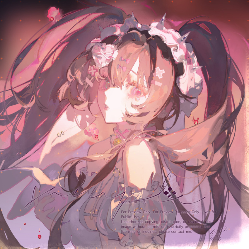 1girl bare_shoulders breasts brown_hair cleavage commission detached_sleeves dress hair_between_eyes hair_ornament hairclip highres looking_at_viewer mirrowom original parted_lips pink_eyes sidelocks signature solo teardrop tears twintails upper_body watermark white_dress