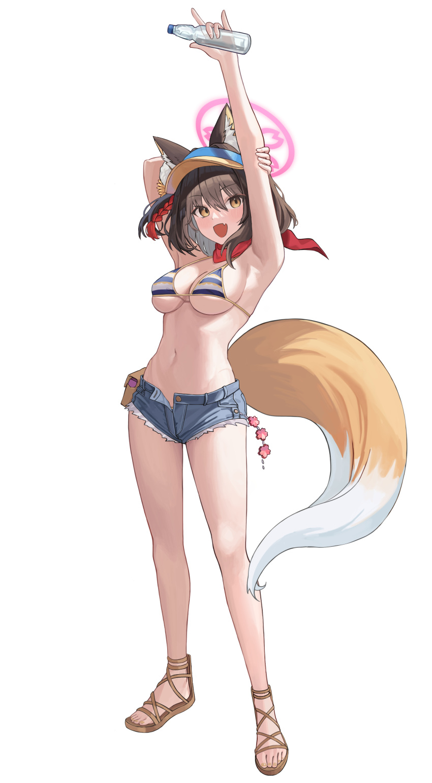 1girl absurdres animal_ear_fluff animal_ears backless_bikini_bottom bikini blue_archive brown_footwear cutoffs denim denim_shorts fox_ears fox_girl fox_tail halo highleg highleg_bikini highres izuna_(blue_archive) izuna_(swimsuit)_(blue_archive) letco2766 pink_scarf sandals scarf shorts solo striped striped_bikini swimsuit tail visor_cap