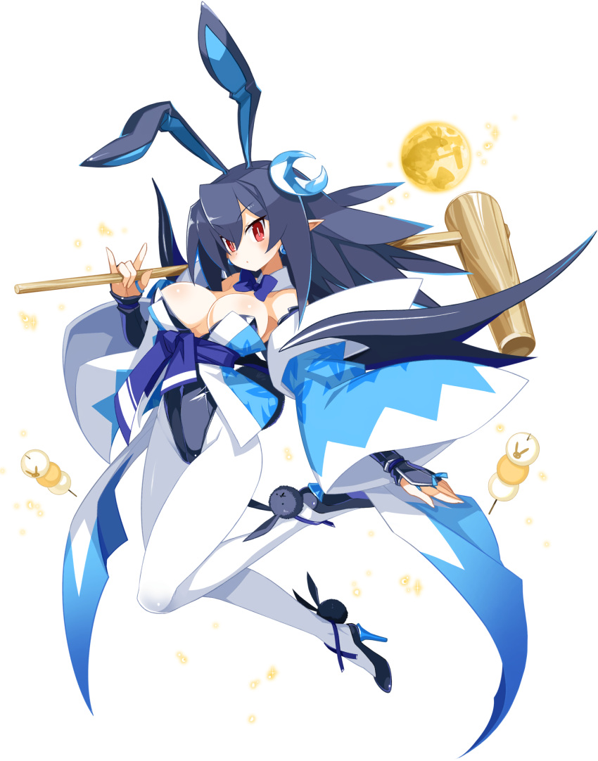 1girl animal_ears ball blue_hair bow bowtie breasts bright_pupils cleavage crescent crescent_hair_ornament detached_sleeves disgaea disgaea_rpg earrings fake_animal_ears fake_tail full_body hair_ornament high_heels highres huge_breasts jewelry leotard long_hair non-web_source official_art pantyhose photoshop_(medium) pointy_ears pump rabbit_ears rabbit_tail red_eyes slit_pupils solo sparkle strapless strapless_leotard tail transparent_background white_pantyhose wide_sleeves