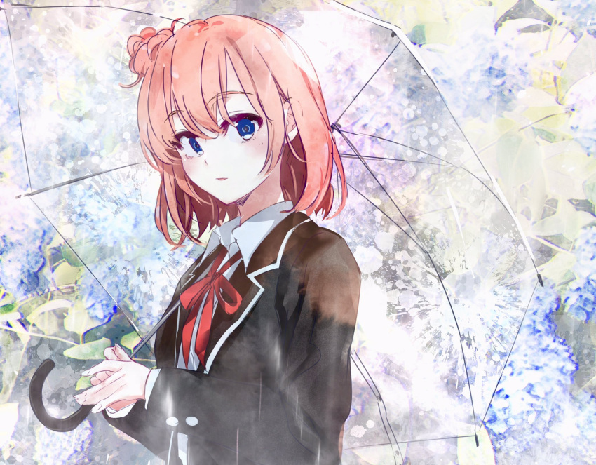 1girl black_jacket blue_eyes floral_background hair_bun highres holding holding_umbrella jacket looking_at_viewer neck_ribbon orange_hair parted_lips ponkan_8 red_ribbon ribbon school_uniform shirt single_hair_bun single_side_bun sobu_high_school_uniform solo transparent transparent_umbrella umbrella upper_body white_shirt yahari_ore_no_seishun_lovecome_wa_machigatteiru. yuigahama_yui