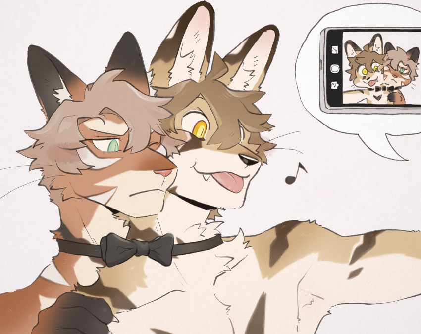 2023 anthro bow_tie brown_body brown_fur duo felid feline fur hair hi_res looking_at_object looking_at_phone luxury_gin male mammal scooter_(luxury_gin) selfie serval tan_body tan_fur tongue tongue_out