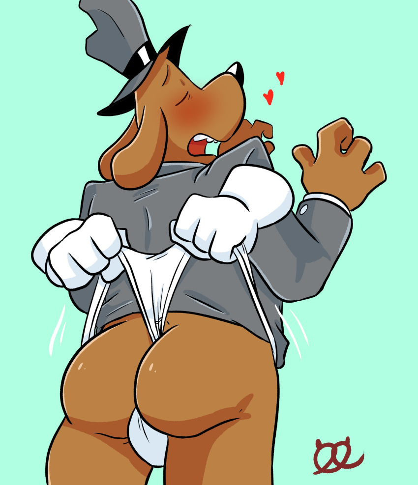 &lt;3 anthro black_nose bottomless briefs bulge butt clothed clothing eyes_closed food green_background grey_clothing grey_hat grey_headwear grey_suit hat headgear headwear hi_res male open_mouth pretzel_(food) pretzelgremlin sam_and_max samuel_dog siembodied_hands signature simple_background solo suit teeth_showing tighty_whities underwear wedgie white_briefs white_clothing white_dress_shirt white_underwear