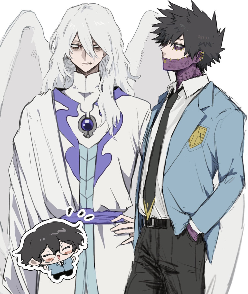 2boys ametaro_(ixxxzu) angel_wings black_hair black_necktie boku_no_hero_academia burn_scar camcorder cardcaptor_sakura cheek_piercing cosplay dabi_(boku_no_hero_academia) ear_piercing feathered_wings grey_hair highres kinomoto_touya kinomoto_touya_(cosplay) long_hair long_sleeves male_focus messy_hair multiple_boys necktie piercing red_eyes robe scar scar_on_hand scar_on_neck school_uniform shigaraki_tomura short_hair spiked_hair stapled stitches tomoeda_high_school_uniform u.a._school_uniform video_camera white_hair white_robe white_wings wings wrinkled_skin yue_(cardcaptor_sakura) yue_(cardcaptor_sakura)_(cosplay)