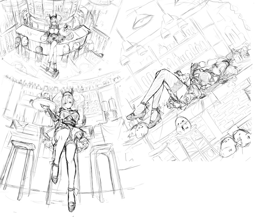 1girl absurdres alcohol azur_lane baozi bar_(place) bar_stool bartender black_footwear breasts ceiling ceiling_light crossed_legs detached_sleeves dishwasher1910 dress food from_above from_below full_body hanging_light highres holding holding_plate large_breasts looking_at_viewer looking_down lying multiple_views plate prinz_adalbert_(after-hours_service)_(azur_lane) prinz_adalbert_(azur_lane) shoes short_dress sitting sketch stool thigh_strap thighhighs twintails