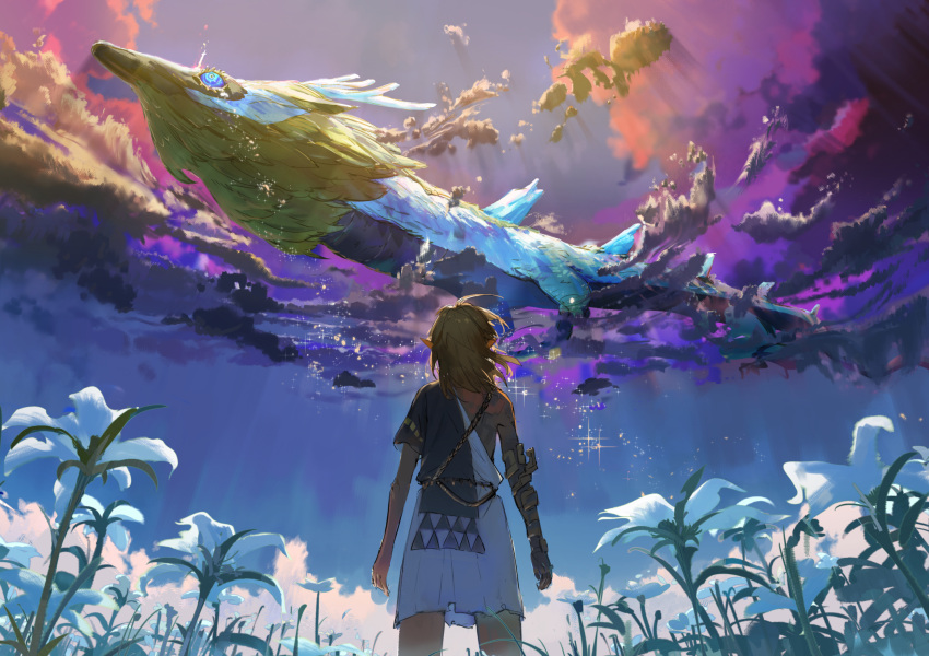 1boy antlers armor arms_at_sides ashorz blonde_hair blue_eyes blue_sky cloud facing_away field flower flower_field from_behind from_below greaves highres light_dragon_(zelda) link medium_hair outdoors pointy_ears purple_clouds scenery single_bare_shoulder single_greave sky sparkle standing the_legend_of_zelda the_legend_of_zelda:_tears_of_the_kingdom toga white_flower wide_shot