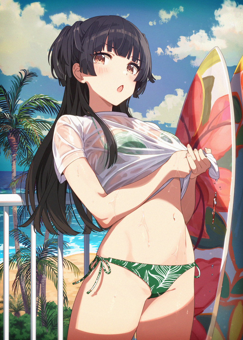 1girl absurdres beach bikini bikini_under_clothes black_hair blunt_bangs blush breasts brown_eyes green_bikini highres idolmaster idolmaster_shiny_colors joey_koguma long_hair looking_at_viewer mayuzumi_fuyuko medium_breasts midriff navel no_pants open_mouth outdoors railing see-through see-through_shirt shirt short_sleeves solo stomach surfboard swimsuit tree two_side_up upper_body wet wet_clothes wet_shirt white_shirt wringing_clothes