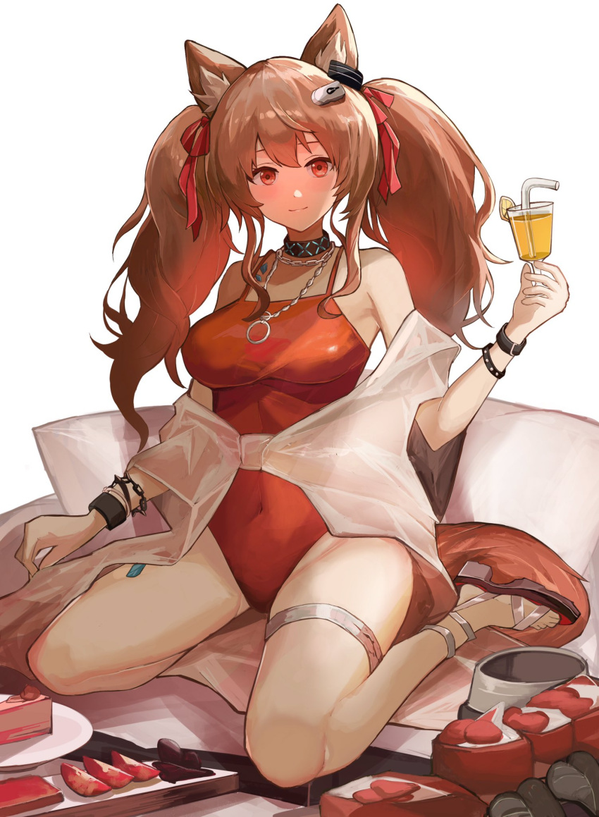 1girl angelina_(arknights) angelina_(summer_flower)_(arknights) animal_ear_fluff animal_ears arknights bad_hands blush breasts brown_hair cake cake_slice commentary couch cup cushion drinking_straw earpiece food fox_ears fox_girl fox_tail glass gradient_hair grapefruit grapefruit_slice highres holding holding_cup infection_monitor_(arknights) jewelry large_breasts long_hair looking_at_viewer multicolored_hair multiple_bracelets necklace official_alternate_costume one-piece_swimsuit plate red_eyes red_hair red_one-piece_swimsuit ruyu_(txzy22) sandals sidelocks smile solo swimsuit swimsuit_cover-up tail thigh_strap twintails