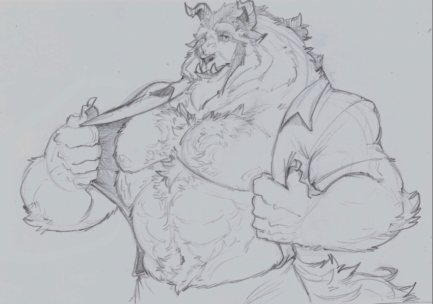 anthro beast_(disney) beauty_and_the_beast body_hair chest_hair clothed clothing disney hi_res male muscular nipples open_clothing open_shirt open_topwear shirt topwear