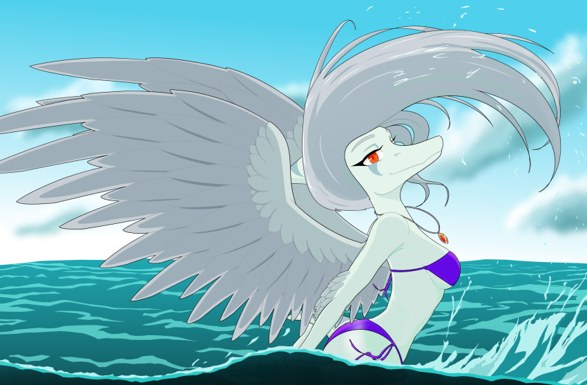 2023 amber_eyes anthro bikini breasts butt clothed clothing detailed_background digital_drawing_(artwork) digital_media_(artwork) dinosaur eyelashes fang_(gvh) female goodbye_volcano_high grey_body grey_hair grey_scales hair hair_flip hi_res jewelry long_hair looking_at_viewer necklace outside pterodactylus pterosaur purple_bikini purple_clothing purple_swimwear reptile scales scalie sea short_tail side-tie_bikini skimpy skimpy_bikini smile snoot_game_(fan_game) snout solo string_bikini swimwear tail under_boob unknown_artist water wet_hair wings