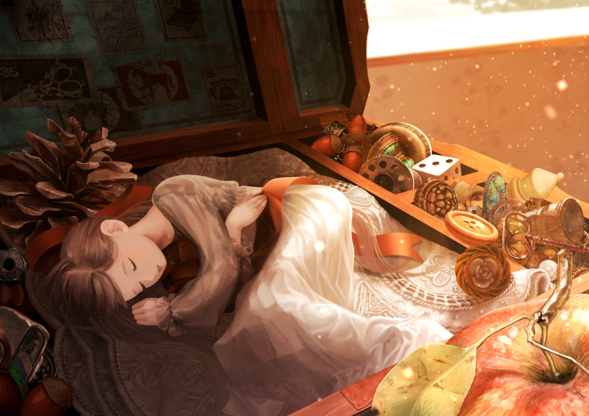 1_hcs 1girl absurdres acorn apple autumn brown_hair buttons dice drawer dress food fruit highres key long_sleeves lying mini_person minigirl on_side original pinecone sleeping thimble white_dress