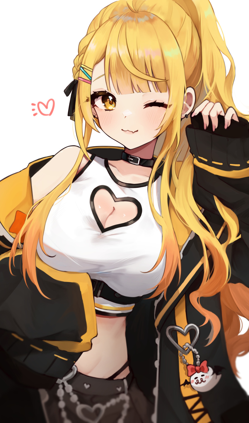 1girl ;3 absurdres ahoge black_collar black_jacket black_skirt blonde_hair braid breasts chest_belt cleavage cleavage_cutout clothing_cutout collar crop_top fang groin hair_ornament hairclip heart_cutout high_ponytail highres hololive jacket long_hair looking_at_viewer mashiro_io midriff official_alternate_costume official_alternate_hair_length official_alternate_hairstyle one_eye_closed open_clothes open_jacket side_braid sidelocks simple_background single_bare_shoulder skin_fang skirt solo streetwear swept_bangs tank_top underbust virtual_youtuber white_background white_tank_top wide_ponytail yellow_eyes yozora_mel yozora_mel_(7th_costume)