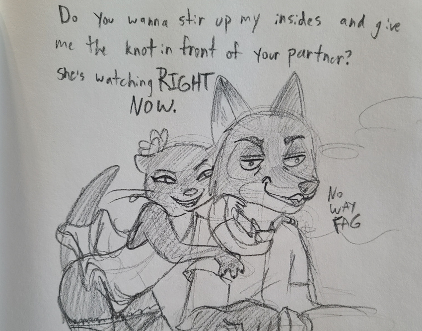 anthro canid canine clothed clothing dialogue disney drawing duo female fox hand_on_arm hi_res kris_(zootopia) male male/female mammal meme mustelid nick_wilde no_way_fag otter panties panties_down paper partially_clothed sketch smug thatmoosewithabigcaboose underwear underwear_down zootopia zootopia:_crime_files