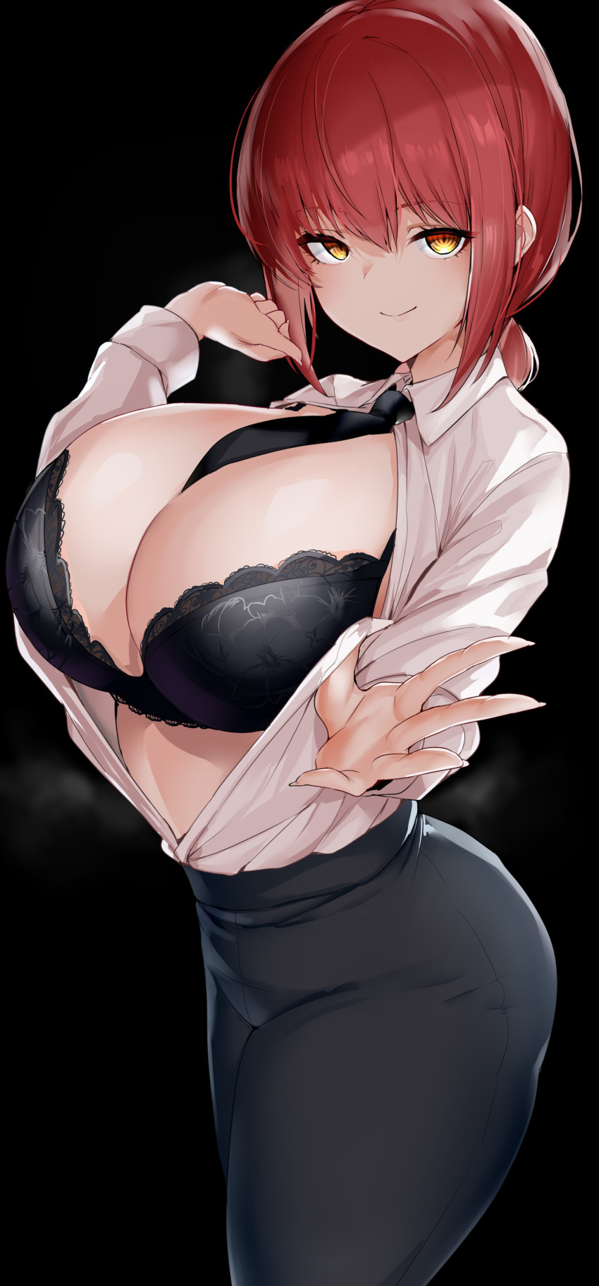 1girl absurdres black_bra black_necktie black_pants bra braid braided_ponytail breasts chainsaw_man cleavage collared_shirt dress_shirt high-waist_pants highres lace-trimmed_bra lace_trim large_breasts long_hair long_sleeves looking_at_viewer makima_(chainsaw_man) maruyaa_(malya1006) necktie open_clothes open_shirt pants red_hair ringed_eyes shirt sidelocks smile solo thighs underwear white_shirt yellow_eyes