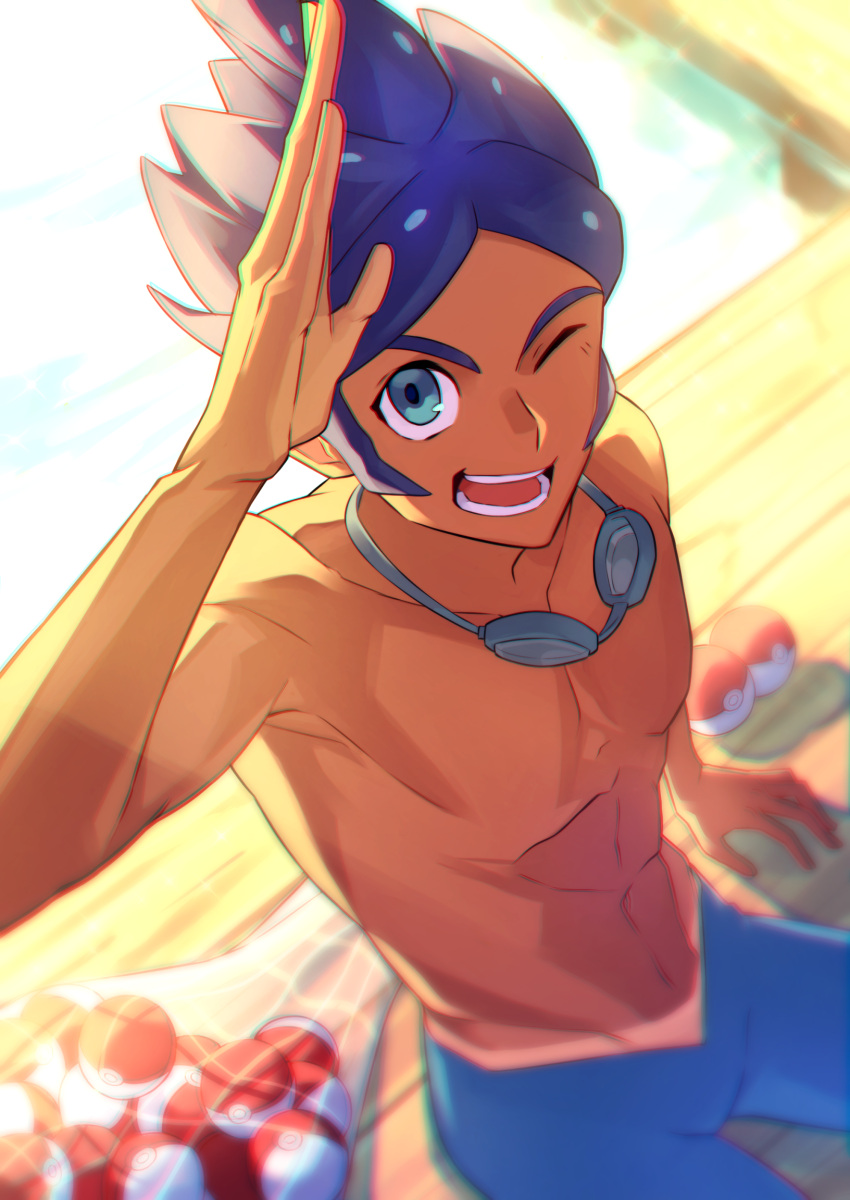 1boy ;d abs arm_up blue_hair blue_leggings blurry blurry_background collarbone commentary_request day goggles goggles_around_neck green_eyes highres leggings male_focus marlon_(pokemon) natupath_summer net one_eye_closed open_mouth outdoors pectorals poke_ball poke_ball_(basic) pokemon pokemon_(game) pokemon_bw2 short_hair sitting smile solo teeth tongue topless_male