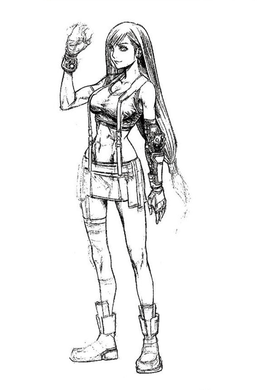 1girl abs boots crop_top earrings final_fantasy final_fantasy_vii final_fantasy_vii_remake fingerless_gloves full_body gloves greyscale highres jewelry long_hair low-tied_long_hair midriff miniskirt monochrome nomura_tetsuya prototype_design single_earring sketch skirt smile standing suspenders tank_top thigh_strap thighhighs tifa_lockhart