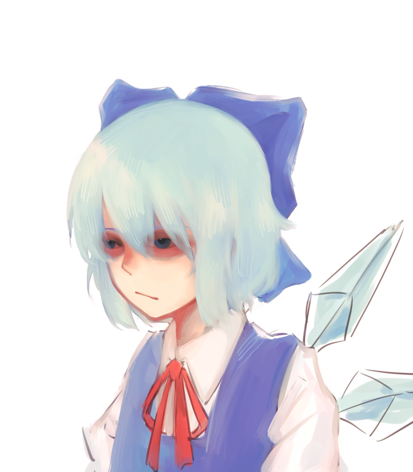 1girl :/ absurdres blue_bow blue_dress blue_eyes blue_hair bow cirno cirno_day dress flat_chest hair_between_eyes highres ice ice_wings red_eyes red_ribbon ribbon simple_background sinonon218 solo stoned touhou upper_body white_background wing_collar wings