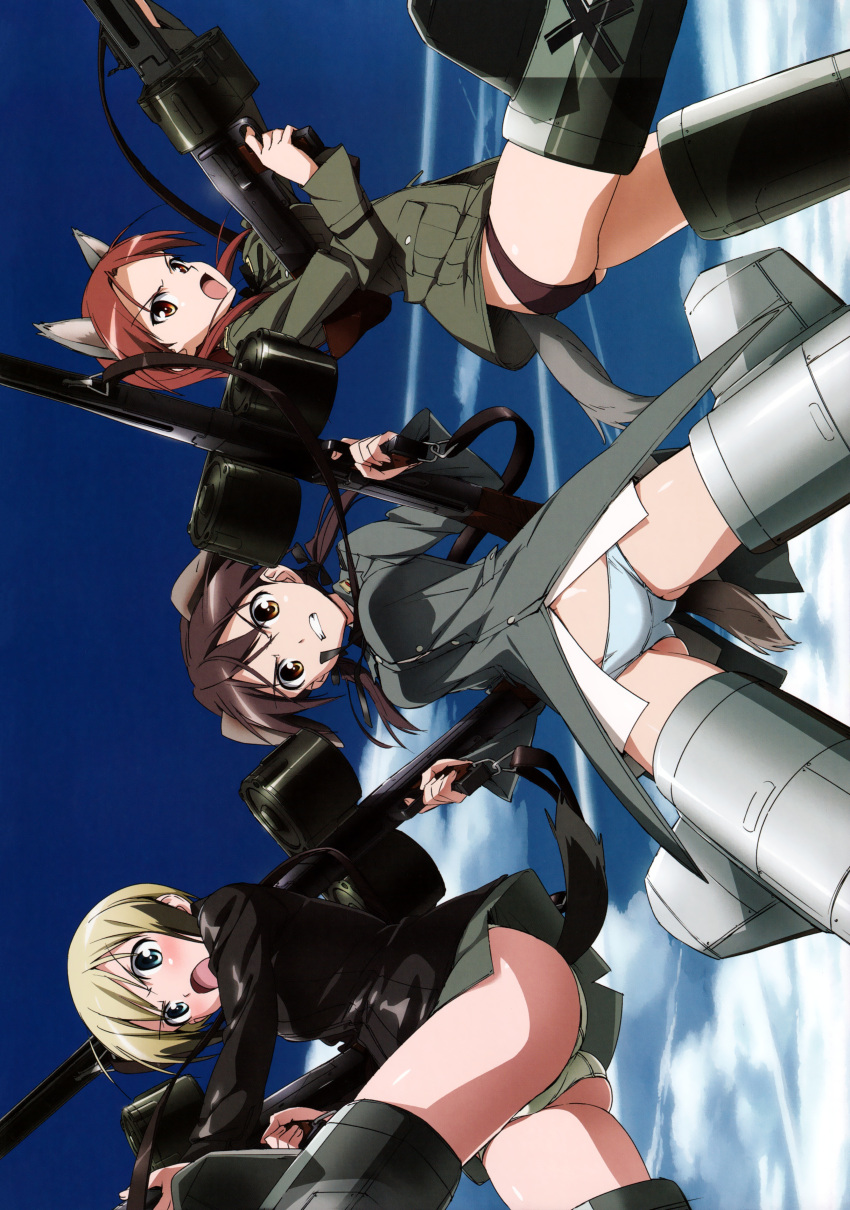 3girls :o absurdres ahoge angry animal_ears ass ass_visible_through_thighs back-to-back black_hair blue_eyes blue_panties blush brown_eyes buttons clenched_teeth cloud day dog_ears dog_girl dog_tail drum_magazine dual_wielding erica_hartmann exif_rotation fighting_stance flying gertrud_barkhorn groin gun hair_ribbon highres holding long_hair long_sleeves looking_at_viewer low_twintails lowleg lowleg_panties machine_gun magazine_(weapon) mecha_musume mg42 military military_uniform minna-dietlinde_wilcke multicolored_hair multiple_girls navel no_pants official_art open_mouth outdoors panties photoshop_(medium) purple_hair purple_panties red_eyes red_hair ribbon scan shirt short_hair sky spread_legs strap strike_witches striker_unit tail takamura_kazuhiro teeth twintails two-tone_hair underwear uniform v-shaped_eyebrows weapon white_panties wolf_ears wolf_girl world_witches_series