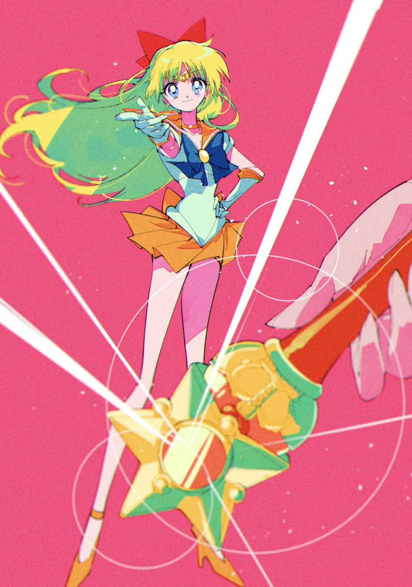 aino_minako bishoujo_senshi_sailor_moon blonde_hair blue_bow blue_eyes bow gloves hair_bow highres legs magical_girl orange_footwear orange_skirt pink_background pochi_(askas_is_god) red_bow sailor_venus simple_background skirt smile standing white_gloves