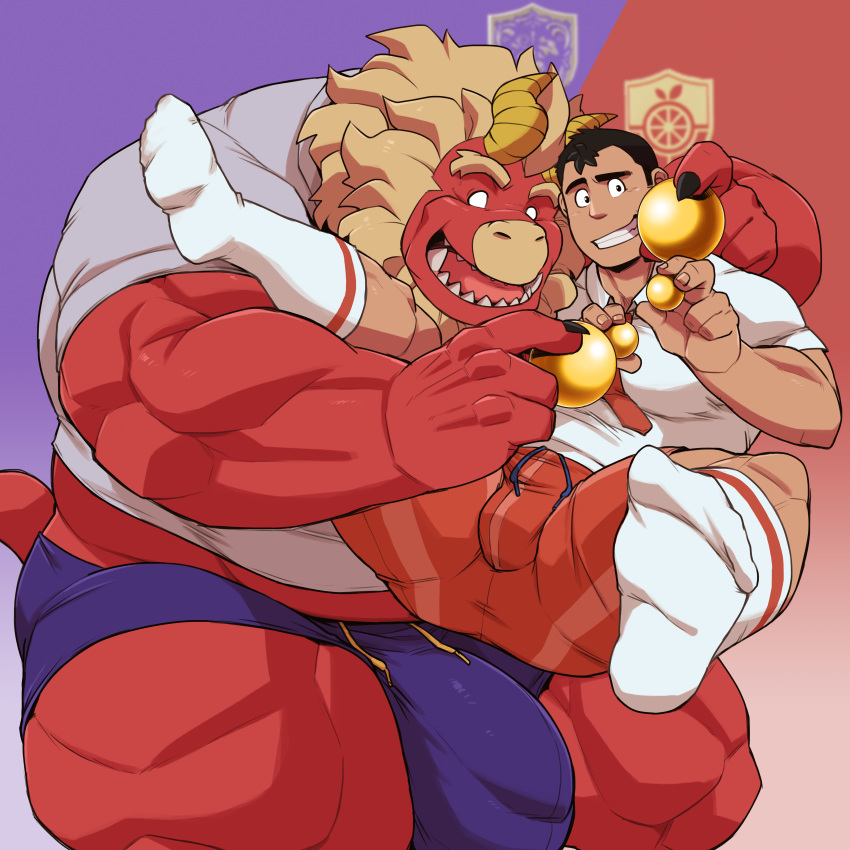 2boys absurdres apple bara beard black_hair blank_eyes blue_shorts bulge bulge_to_ass carrying carrying_person collared_shirt colored_skin curled_horns dragon_horns facial_hair feet feet_out_of_frame fingernails food forked_eyebrows fruit furry furry_male furry_with_non-furry gardie_(otsukimi) golden_apple grin highres holding horns huge_eyebrows interspecies kouhei_(otsukimi) large_bulge large_hands lion_hair male_focus midriff_peek multiple_boys muscular muscular_male original otsukimi paid_reward_available red_shorts red_skin reverse_suspended_congress sharp_fingernails sharp_teeth shirt short_hair shorts sideburns sideburns_stubble size_difference smile socks teeth thick_eyebrows thick_thighs thighs two-tone_background undersized_clothes uniform white_socks yaoi