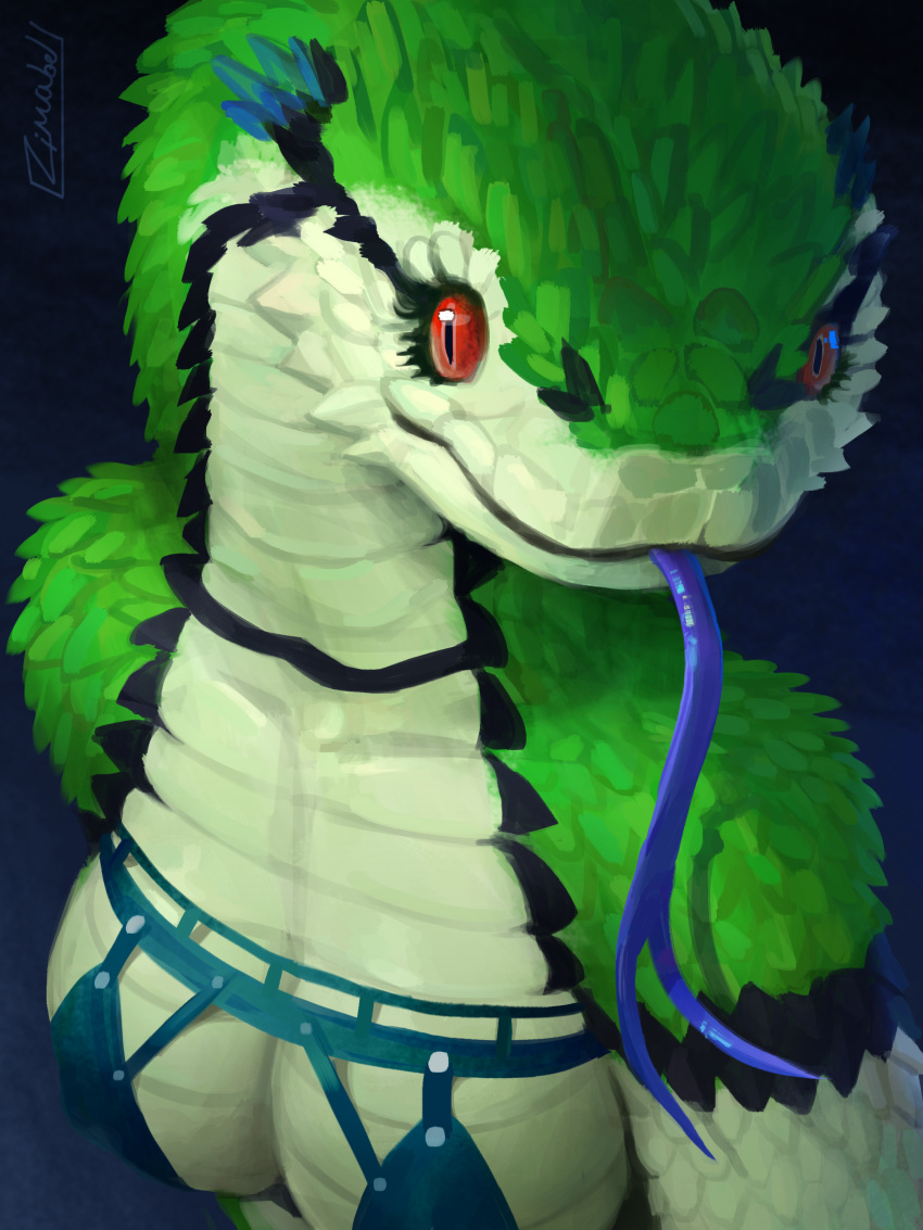 absurd_res anthro belly black_markings blue_clothing blue_markings blue_tongue breasts bust_portrait clothing female green_body hi_res leather leather_clothing leather_topwear looking_sideways markings portrait red_eyes reptile scales scalie snake solo tongue topwear viper white_belly zimabel