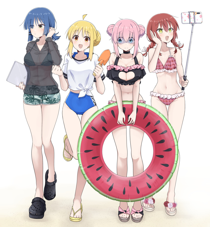 4girls absurdres ahoge barefoot bikini black_bikini black_shirt blonde_hair blue_eyes blue_hair blush bocchi_the_rock! braid breasts cellphone cleavage cleavage_cutout closed_mouth clothing_cutout collarbone double_bun full_body gotoh_hitori green_bikini green_eyes hair_between_eyes hair_bun highres ijichi_nijika innertube kita_ikuyo large_breasts long_hair mole mole_under_eye multiple_girls navel open_mouth phone pink_hair plaid plaid_bikini red_bikini red_eyes red_hair sandals see-through see-through_shirt selfie selfie_stick shirt short_hair short_sleeves smartphone smile swimsuit thigh_gap twin_braids white_shirt yamada_ryo yellow_eyes yoru0409