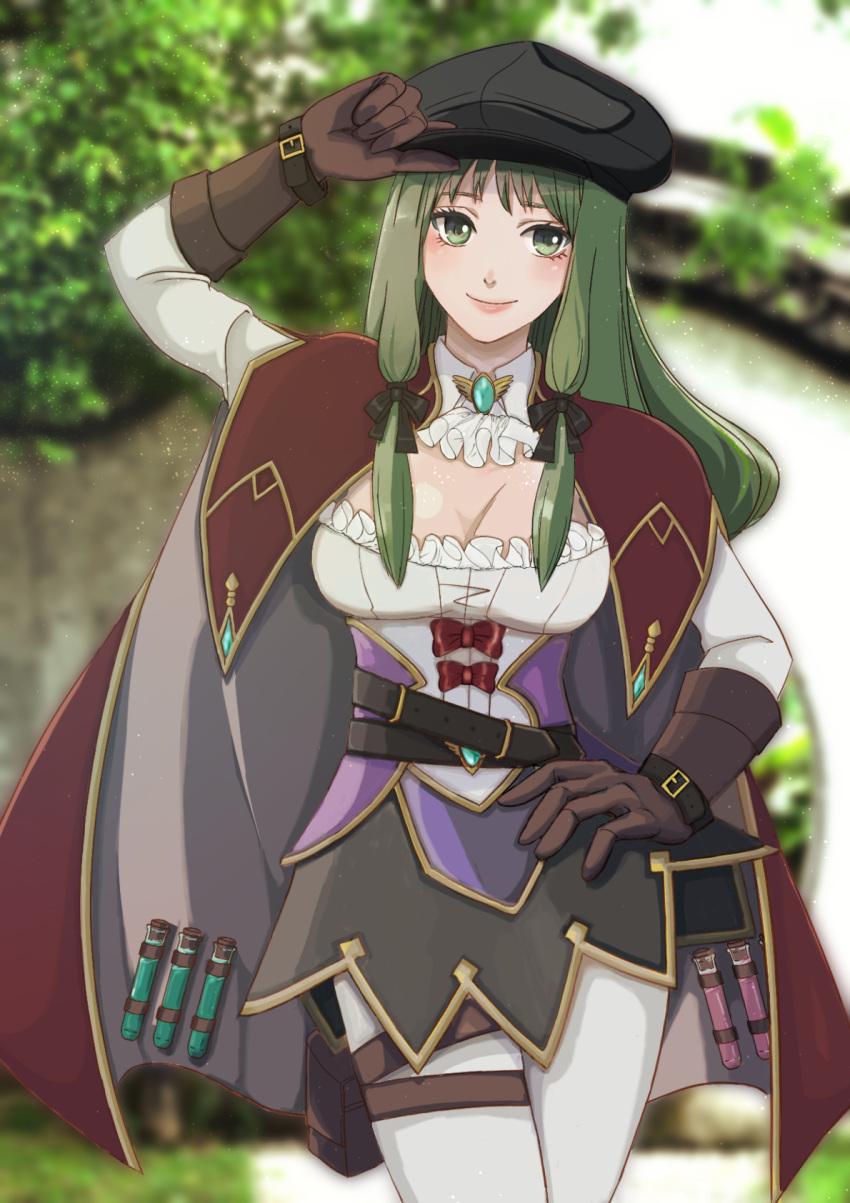 1girl ascot belt biolo_(ragnarok_online) black_belt black_headwear black_skirt blue_brooch blurry blurry_background blush bow breasts brown_belt brown_cape brown_gloves cabbie_hat cape cleavage closed_mouth commentary_request cowboy_shot gloves gold_trim green_eyes green_hair hand_on_own_hip hat highres long_hair looking_at_viewer love_misery medium_bangs medium_breasts miniskirt pantyhose pouch ragnarok_online red_bow shirt sidelocks skirt smile solo thigh_pouch tree vial white_ascot white_pantyhose white_shirt wrist_belt