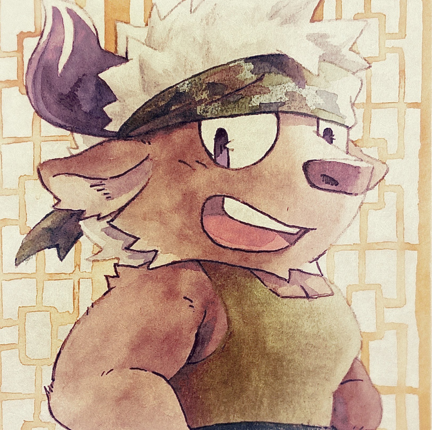 1boy akaze_suika animal_ears bara brown_fur camouflage camouflage_headwear chibi commentary_request cow_ears cow_horns furry furry_male green_tank_top headband highres horns male_focus minotaur muscular muscular_male open_mouth painting_(medium) purple_eyes purple_horns shennong_(housamo) short_hair smile solo tank_top teeth tokyo_afterschool_summoners traditional_media upper_body upper_teeth_only watercolor_(medium) white_hair