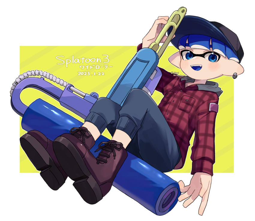 1boy :d arm_up artist_name baseball_cap big_swig_roller_(splatoon) black_headwear blue_eyes blue_hair blue_pants blue_tongue blush boots brown_footwear buttons capri_pants colored_tongue commentary_request copyright_name dated earrings green_background hat highres inkling inkling_boy jacker jacket jewelry long_sleeves looking_at_viewer male_focus mikoshiba_m open_mouth paint_roller pants plaid plaid_jacket pocket pointy_ears red_jacket short_hair simple_background single_earring smile solo splatoon_(series) splatoon_3 teeth tentacle_hair twitter_username upper_teeth_only white_background