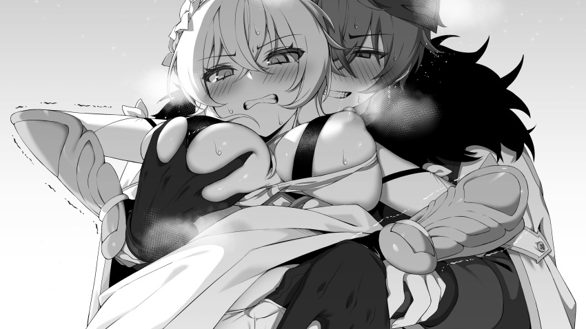 1boy 1girl absurdres bare_shoulders blush breasts clenched_teeth deep_skin genshin_impact grabbing grabbing_another's_breast grabbing_from_behind greyscale groping hair_between_eyes hair_ornament hand_in_another's_panties hand_under_clothes hetero highres ia_(ias1010) implied_fingering large_breasts lumine_(genshin_impact) molestation monochrome nipples short_hair short_hair_with_long_locks sidelocks sweat tartaglia_(genshin_impact) teeth
