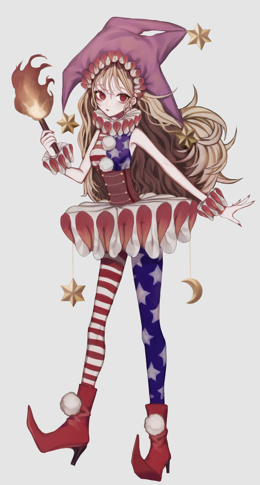 1girl absurdres adapted_costume american_flag american_flag_dress american_flag_legwear bare_shoulders blonde_hair breasts clownpiece corset dress fairy_wings fingernails fire gradient_background grey_background hair_between_eyes hair_ornament hat high_heels highres holding holding_torch jester_cap leggings light_blush long_hair looking_at_viewer nail_polish neck_ruff pantyhose parted_lips print_pantyhose red_eyes red_nails sharp_fingernails sleeveless sleeveless_dress small_breasts solo star_(symbol) star_hair_ornament star_print torch touhou very_long_hair wings zabu_rou