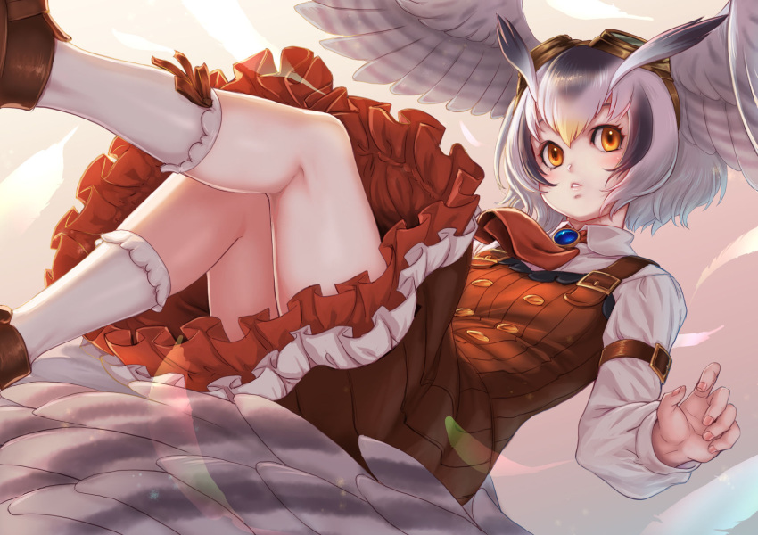 1girl bird_girl bird_tail bird_wings blonde_hair blush brown_dress brown_footwear brown_necktie collared_shirt dress frilled_dress frilled_socks frills goggles goggles_on_head grey_hair hair_between_eyes head_wings highres kemono_friends kemono_friends_3 kosai_takayuki long_sleeves multicolored_hair necktie northern_white-faced_owl_(kemono_friends) official_alternate_costume orange_eyes owl_ears owl_girl shirt short_hair socks solo suspenders tail white_hair white_shirt white_socks wings