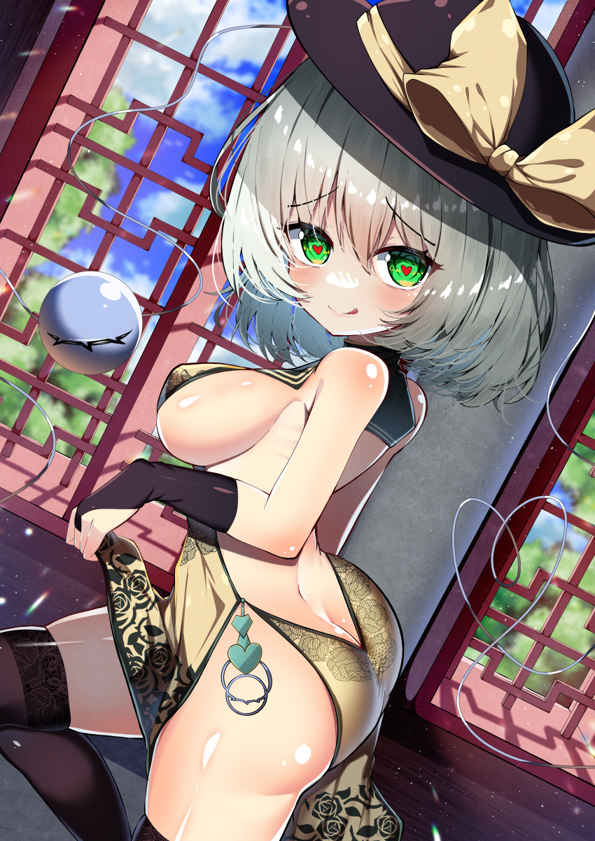 1girl :q absurdres bare_back bare_shoulders black_gloves black_headwear black_thighhighs bow breasts closed_mouth commentary_request dfra eyeball from_side gloves green_eyes hat hat_bow heart heart-shaped_pupils heart_of_string highres komeiji_koishi large_breasts leg_up light_green_hair looking_at_viewer medium_hair pelvic_curtain sideboob smile solo symbol-shaped_pupils thighhighs third_eye tongue tongue_out touhou yellow_bow