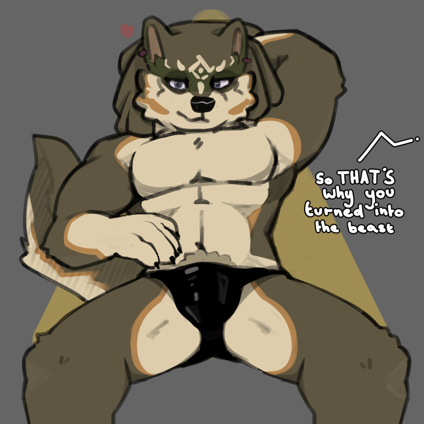 &lt;3 abs anthro big_tail blue_eyes bulge canid canine canis clothed clothing dialogue ear_piercing ear_ring fluffy fur glistening glistening_clothing glistening_underwear green_body green_fur hand_behind_head hi_res latex latex_clothing latex_underwear link_(wolf_form) looking_at_viewer male mammal muscular muscular_male navel nintendo pecs piercing pubes ring_piercing simple_background sitting smile smiling_at_viewer solo spread_legs spreading spyromancer tail tan_body tan_fur text the_legend_of_zelda underwear underwear_only white_body white_fur wolf yellow_body yellow_fur