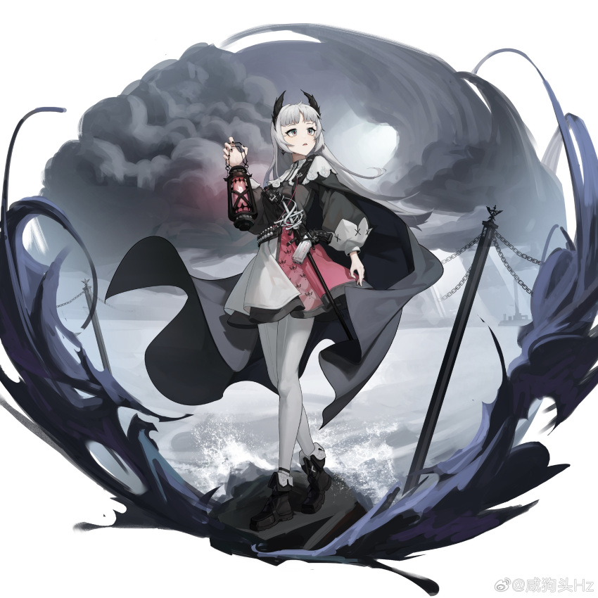 1girl absurdres ammunition_belt arknights artist_name black_cape black_dress black_footwear boots breasts cape chain cloud cloudy_sky dress earrings faux_figurine fence grey_eyes grey_hair grey_sky gun hand_up handgun head_wings highres holding holding_lantern irene_(arknights) jewelry lantern long_hair long_sleeves looking_up multicolored_clothes multicolored_dress open_mouth pantyhose pink_dress rock scabbard sheath sheathed sky small_breasts solo standing sword water waves weapon weibo_logo weibo_username white_background white_dress white_pantyhose wings xian_goutou_hz