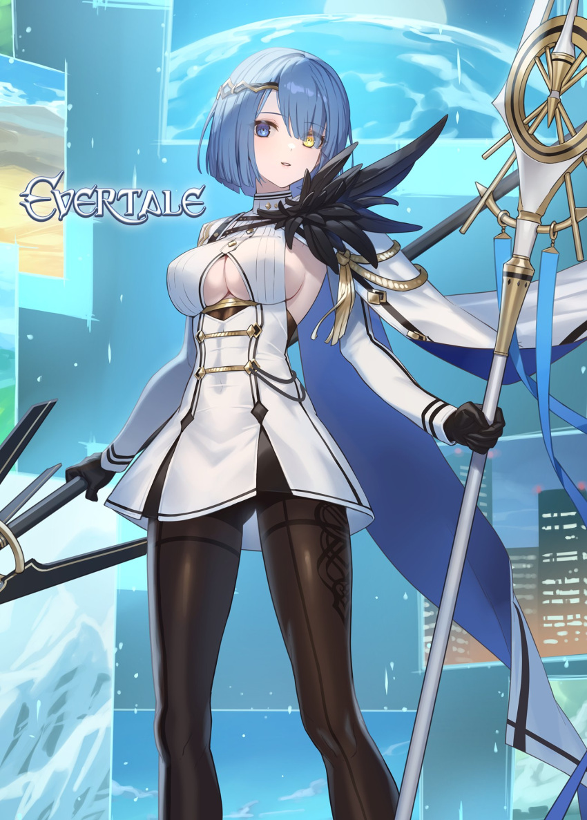 1girl ankle_boots blue_eyes blue_hair boots breasts cape commentary_request cuboon dress dual_wielding evertale feather_trim feathers gloves gold_trim hair_ornament heterochromia high_heel_boots high_heels highres holding holding_weapon long_sleeves looking_at_viewer medium_breasts odin_(evertale) official_art pale_skin pantyhose parted_lips polearm short_dress short_hair simple_background weapon yellow_eyes