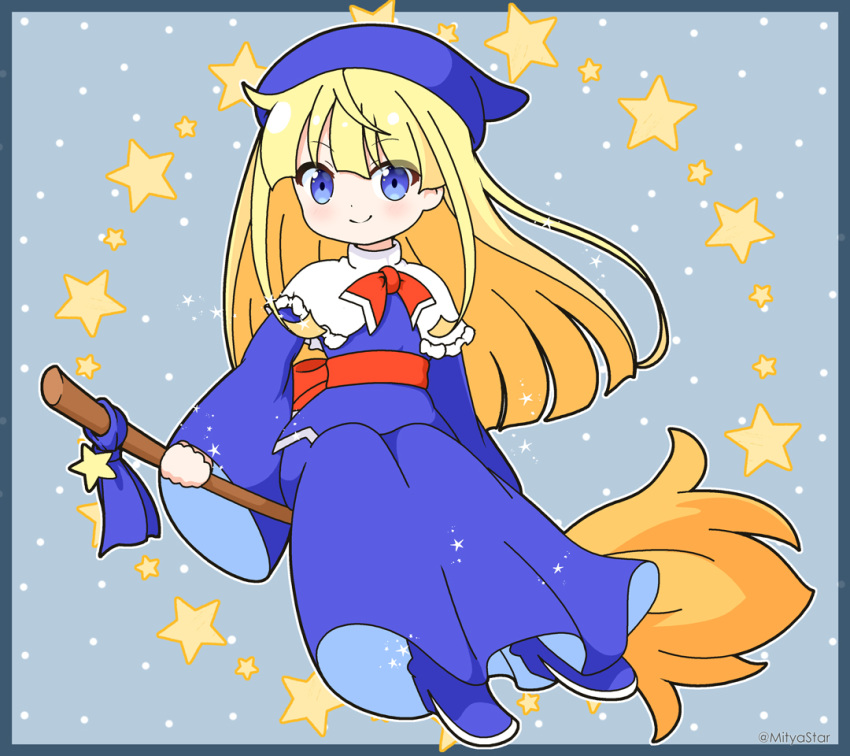 1girl blonde_hair blue_dress blue_eyes blue_footwear blue_headwear boots bow broom broom_riding capelet closed_mouth commentary_request dress full_body grey_background high_heel_boots high_heels long_hair long_sleeves looking_at_viewer mitya polka_dot polka_dot_background puyopuyo red_bow smile solo star_(symbol) very_long_hair white_capelet wide_sleeves witch_(puyopuyo)