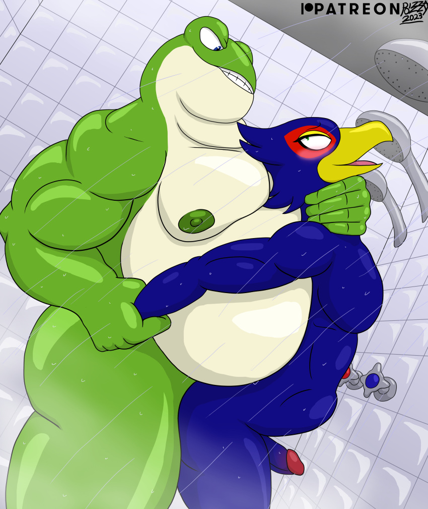 absurd_res amphibian anal anthro avian bathing beak belly big_belly bird dominant duo falco_lombardi frog genitals hand_on_throat hi_res male male/male nintendo nipples overweight overweight_male penis pizzaozzy_(artist) sex shower showering size_difference slippy_toad star_fox toad_(frog) wet