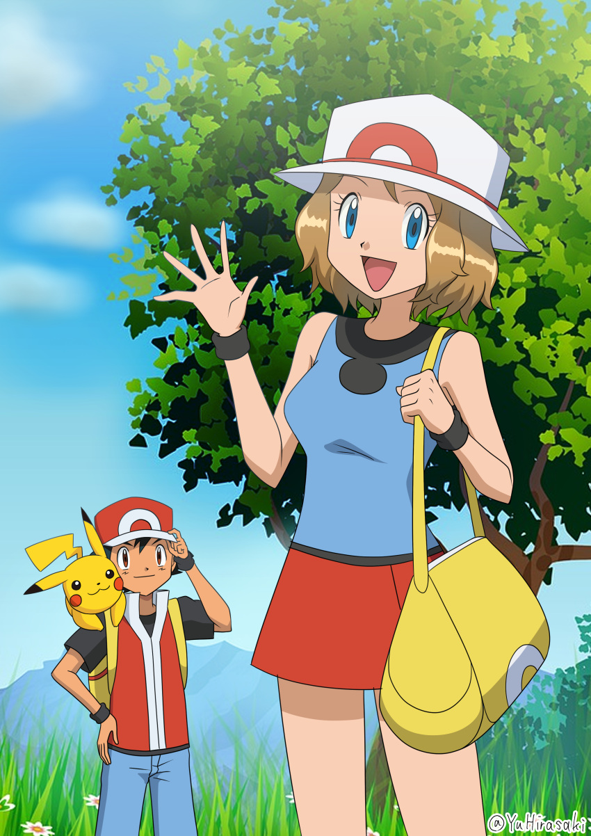 1boy 1girl :d absurdres ash_ketchum backpack bag black_shirt black_wristband blue_eyes blue_pants blue_shirt brown_eyes closed_mouth cloud cosplay day eyelashes flower grass hand_on_own_hip hat highres holding_strap leaf_(pokemon) leaf_(pokemon)_(cosplay) open_mouth outdoors pants pikachu pokemon pokemon_(anime) pokemon_(creature) pokemon_frlg pokemon_xy_(anime) red_(pokemon) red_(pokemon)_(cosplay) red_headwear red_skirt red_vest serena_(pokemon) shirt short_hair short_sleeves skirt sky sleeveless sleeveless_shirt smile t-shirt tongue tree vest white_headwear yellow_bag yu_hirasaki