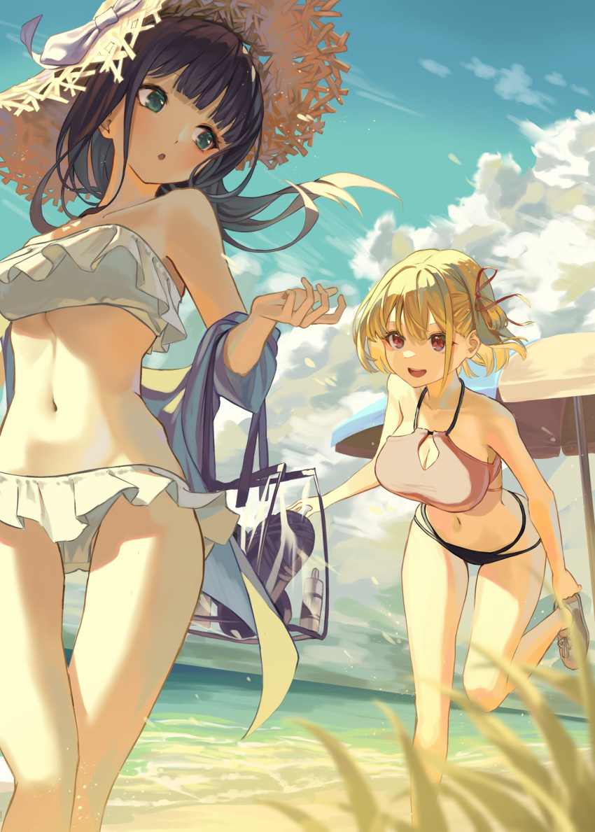 2girls :d :o adjusting_footwear alternate_eye_color bag beach beach_umbrella bikini black_bikini black_hair blonde_hair blunt_bangs breasts cleavage cloud green_eyes hair_ribbon halterneck handbag hat highres inoue_takina large_breasts long_hair looking_at_another lycoris_recoil medium_breasts multiple_girls navel nishikigi_chisato ocean open_mouth outdoors pink_bikini red_eyes red_ribbon ribbon roco_(rocoroco1115) short_hair sky smile standing standing_on_one_leg strapless strapless_bikini straw_hat swimsuit two-tone_bikini umbrella white_bikini