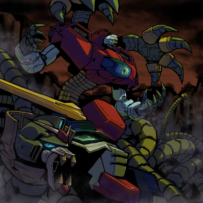 biomechanical blue_eyes claws da-goyle devil_gundam dust_cloud extra_arms g_gundam green_eyes gundam highres mecha mechanical_tentacles mobile_fighter_g_gundam mobile_suit monster multiple_heads no_humans open_hand open_mouth oversized_limbs robot ruins science_fiction sharp_teeth smoke solo teeth