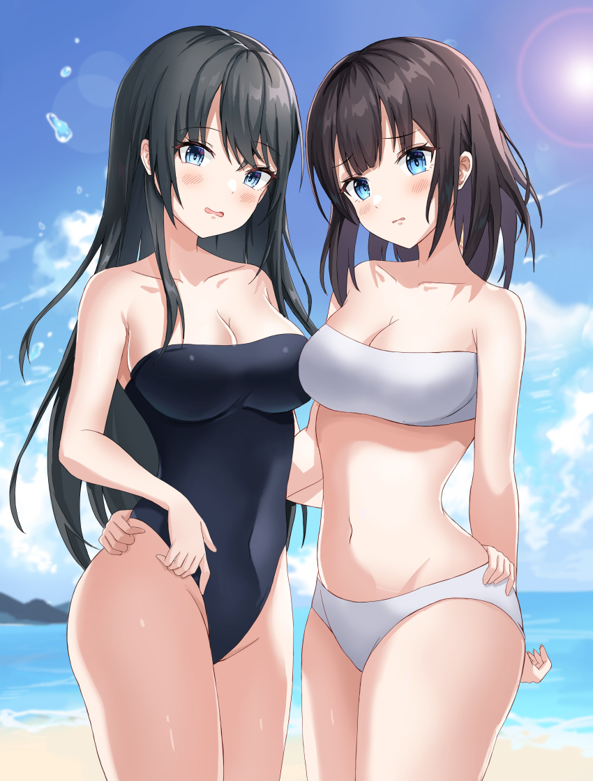 2girls absurdres bandeau bare_shoulders beach bikini black_hair black_one-piece_swimsuit blue_sky breasts cleavage cloud commission day english_commentary green_eyes highres horizon large_breasts long_hair medium_hair multiple_girls neon_(hhs9444) ocean one-piece_swimsuit original outdoors pixiv_commission sky strapless strapless_bikini strapless_swimsuit swimsuit white_bikini