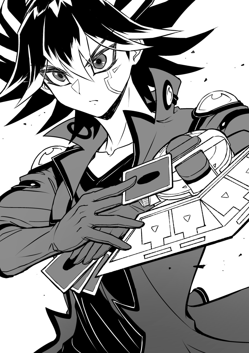 1boy absurdres arms_up black_hair card collarbone duel_disk facial_mark facial_tattoo fudou_yuusei greyscale high_collar highres holding holding_card jacket male_focus marking_on_cheek monochrome open_clothes open_jacket serious shirt short_hair shoulder_pads solo spiked_hair tattoo trading_card v-neck youko-shima yu-gi-oh! yu-gi-oh!_5d's