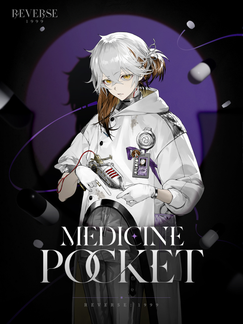 1other androgynous asymmetrical_sidelocks brown_hair character_name circle coat copyright_name cowboy_shot dark_background english_text gloves grey_pants hair_between_eyes highres holding holding_weapon hood hooded_coat id_card logo looking_at_viewer medicine_pocket medium_hair multicolored_hair official_art pants parted_lips pill purple_background reverse:1999 short_ponytail sleeves_pushed_up spotlight two-tone_background v-shaped_eyebrows weapon white_coat white_gloves white_hair yellow_eyes
