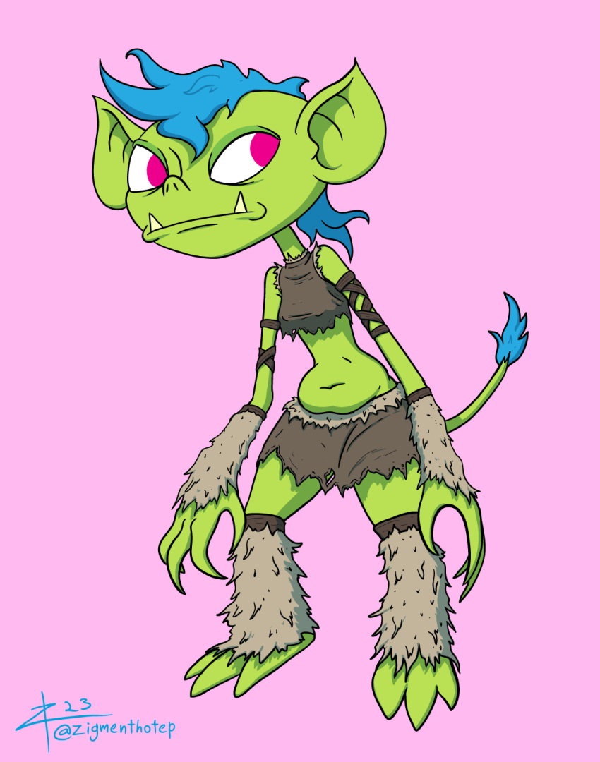 2023 blue_hair clothing digital_drawing_(artwork) digital_media_(artwork) female goblin green_body green_skin hair hi_res humanoid humanoid_pointy_ears long_arms mohawk pink_background red_eyes sharp_teeth signature simple_background solo tail tail_tuft teeth torn_clothing tribal_clothing tuft underbite zigmenthotep