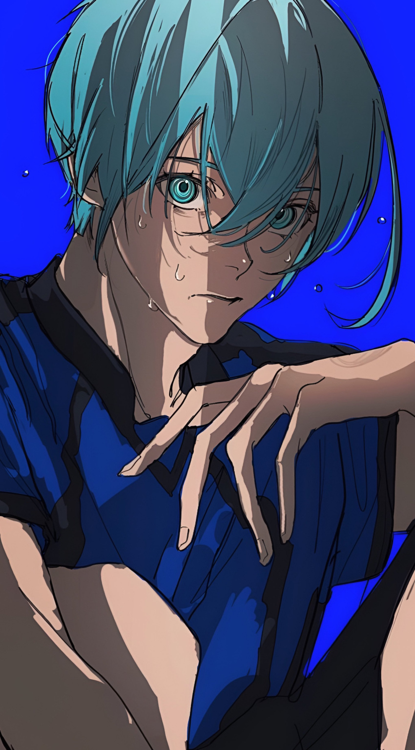 1boy absurdres blue_background blue_eyes blue_hair blue_lock bo_toike57 closed_mouth dappled_sunlight flying_sweatdrops hair_between_eyes highres looking_at_viewer male_focus short_sleeves sidelocks simple_background soccer_uniform solo sportswear sunlight sweat sweatdrop upper_body you_hiori