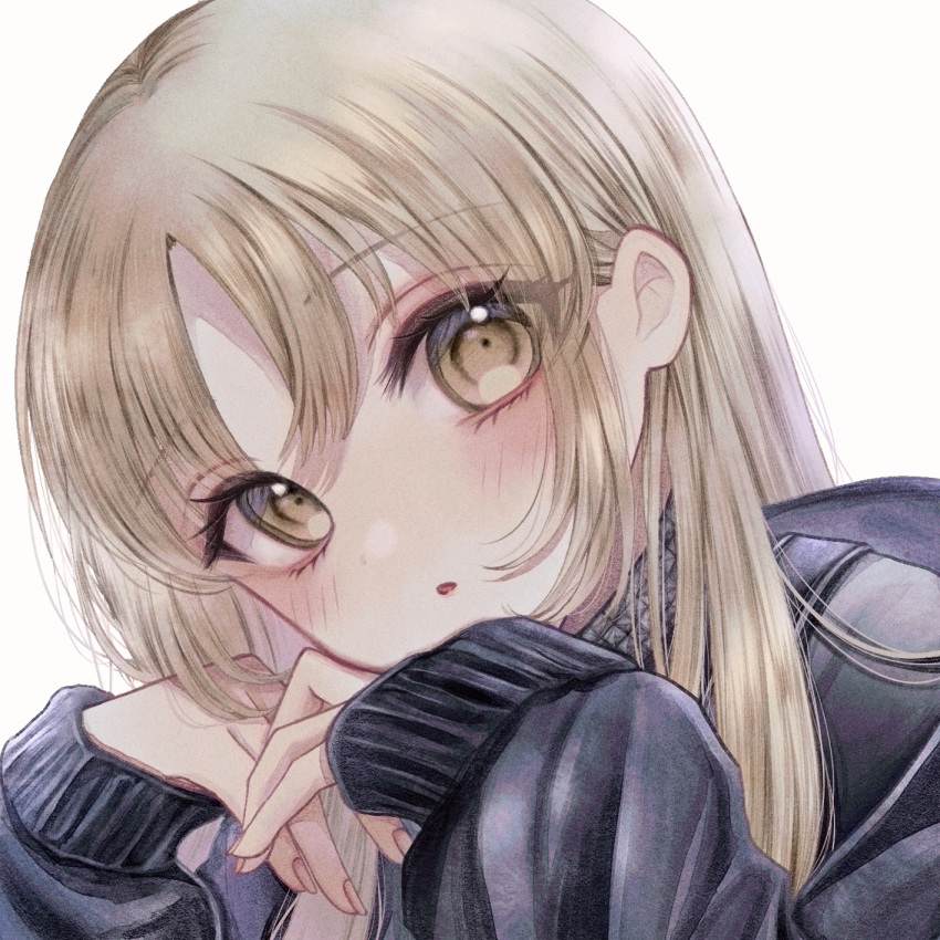 1girl black_jacket black_nails blonde_hair blush embarrassed eyelashes fingernails head_tilt highres jacket long_hair long_sleeves looking_at_viewer nijisanji official_alternate_costume parted_bangs parted_lips sakurazawa_(sakuracandy123) simple_background sister_cleaire sister_cleaire_(9th_costume) solo straight_hair surprised upper_body virtual_youtuber white_background