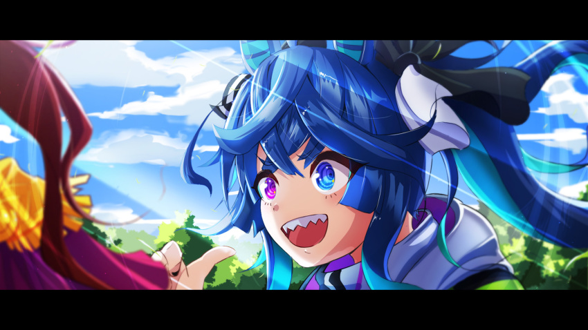 2girls :d @_@ animal_ears aqua_hair black_nails blue_eyes blue_hair blue_sky bow cape cloud commentary_request crossed_bangs day epaulettes floating_hair foliage hair_bow hand_up heterochromia highres hood hoodie horse_ears horse_girl letterboxed light_rays long_hair looking_at_another multicolored_clothes multicolored_hair multicolored_hoodie multiple_girls nail_polish nodane open_mouth out_of_frame outdoors pointing pointing_at_self portrait purple_eyes red_cape sharp_teeth sidelocks sky smile solo_focus striped striped_bow sunbeam sunlight teeth tokai_teio_(umamusume) twin_turbo_(umamusume) twintails two-tone_hair umamusume upper_teeth_only